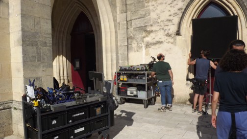 Moulon, Aquitaine. Tournage d'une scène du film Cocorico 2 le 19 juin 2025